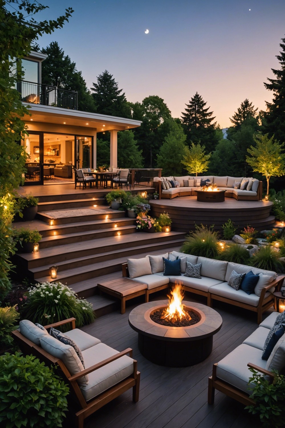 multi level deck with fire pit